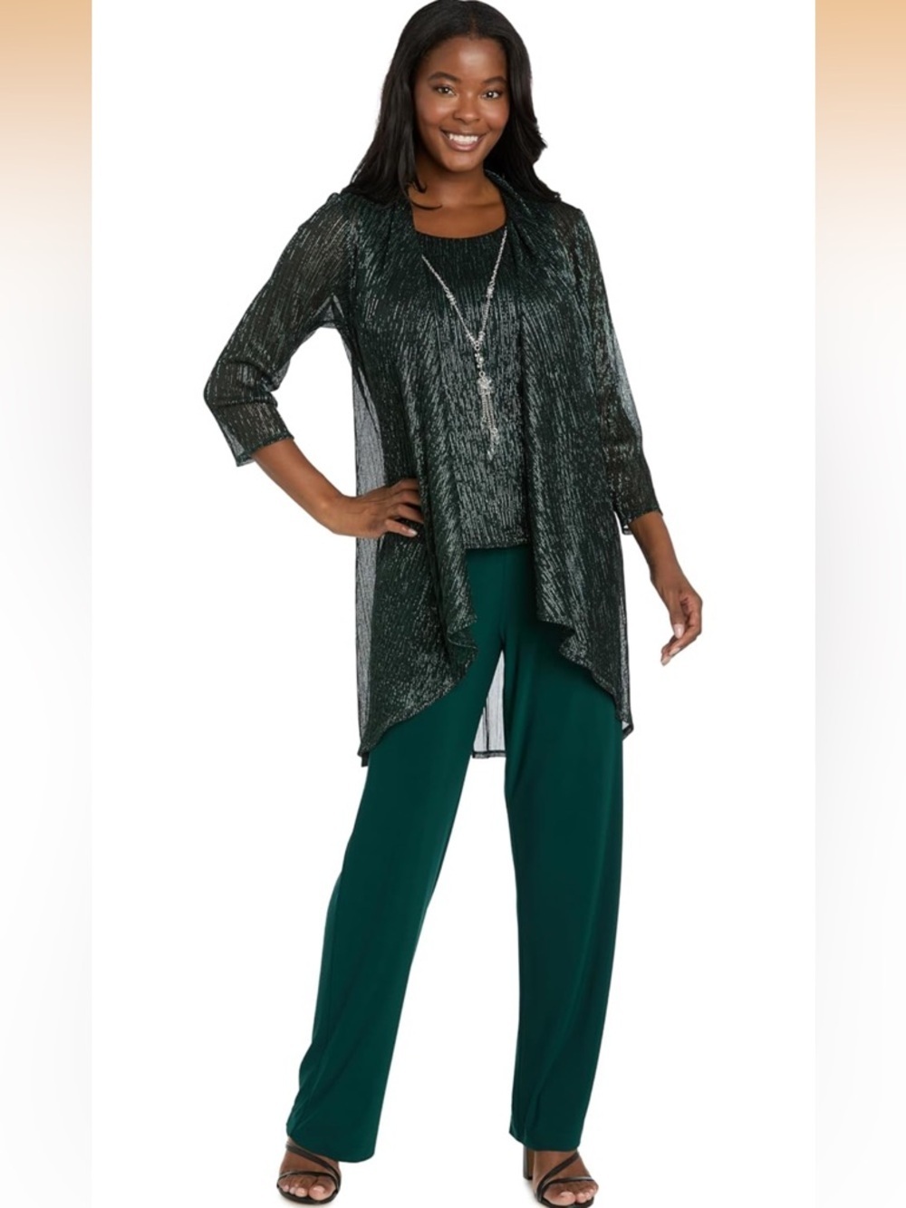 3-Piece Crinkle Pant Set Duster Jacket, Straight Pants & Tank Top W/Necklace